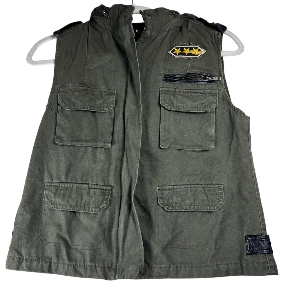 BDG Olive Green Hooded Vest Military Utility Style S Distressed Details